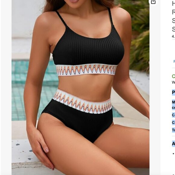 Herseas Women's High Waisted Bikini Set Black Color Block Bathing Suit Chevron - Picture 4 of 6